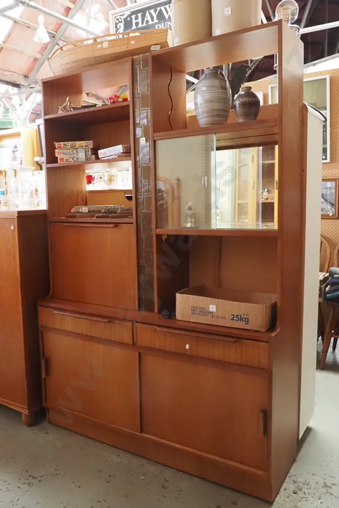 faux wood veneer retro wall unit with drop front liquor cabinet, 2 drawers Image 1++