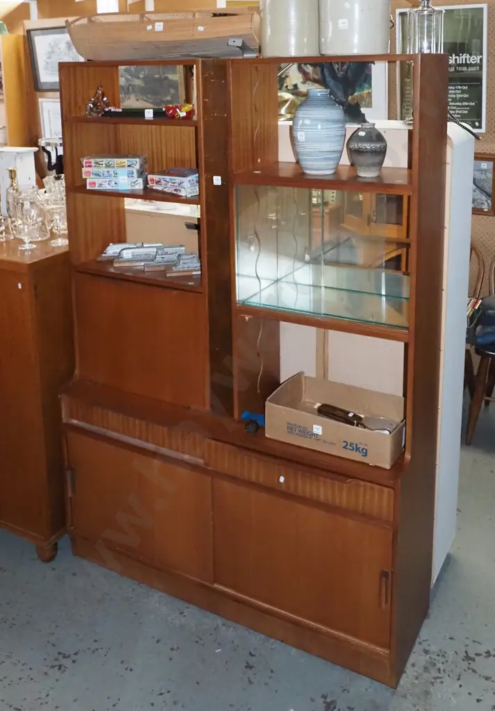 faux wood veneer retro wall unit with drop front liquor cabinet, 2 drawers Image 1++