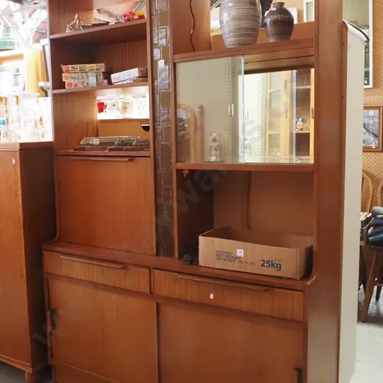 faux wood veneer retro wall unit with drop front liquor cabinet, 2 drawers