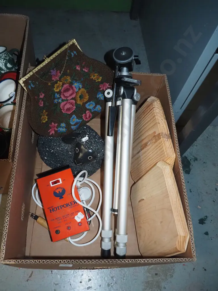 box; tripod, sheep ornament, pokerwork engraver etc Image 1++