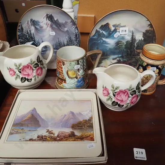 cabinet plates, jugs, beer mugs, placemats