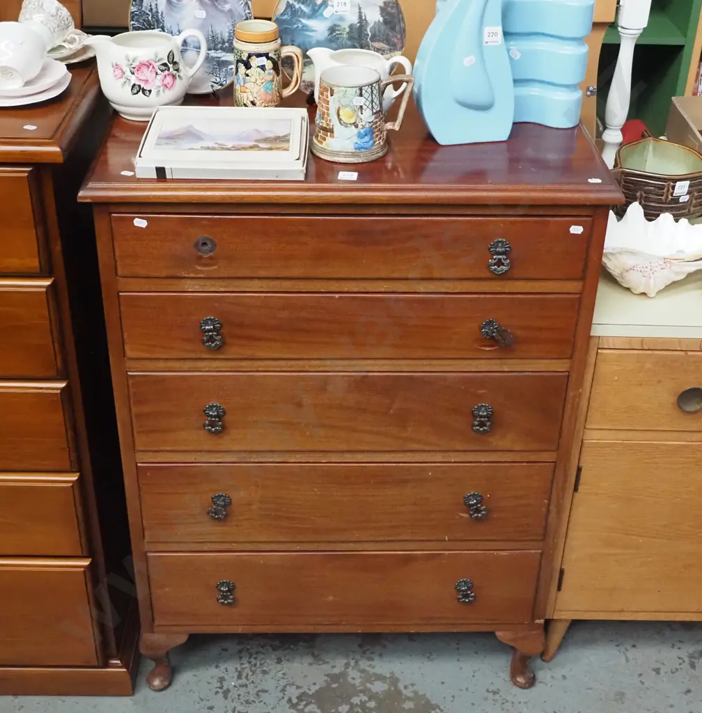 mahogany cab leg 5 drawer tallboy - missing 1 handle - some fading to varnish Image 1++