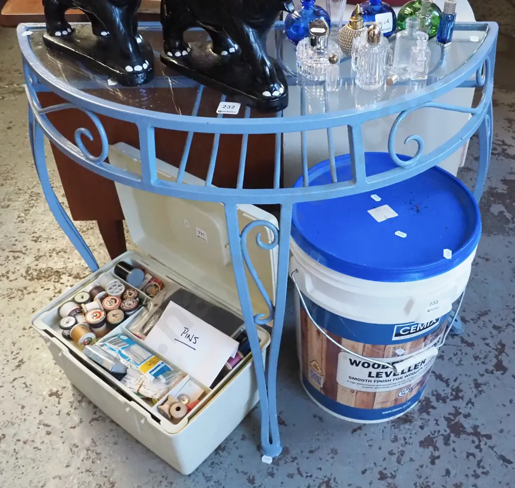 mid-century wrought metal half round table Image 1++