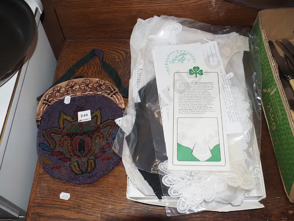 beaded purse, box of Irish linen, lace Image 1++