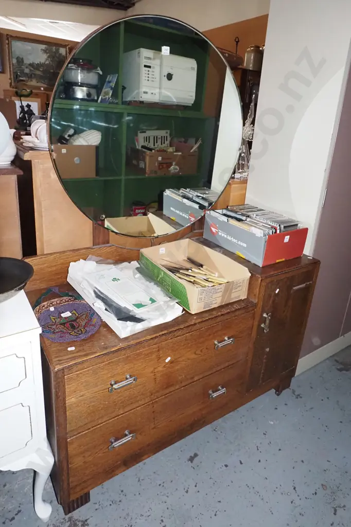 deco 2 drawer 1 drawer oak mirror back dresser H-1580 W-1070 D-450 Image 1++