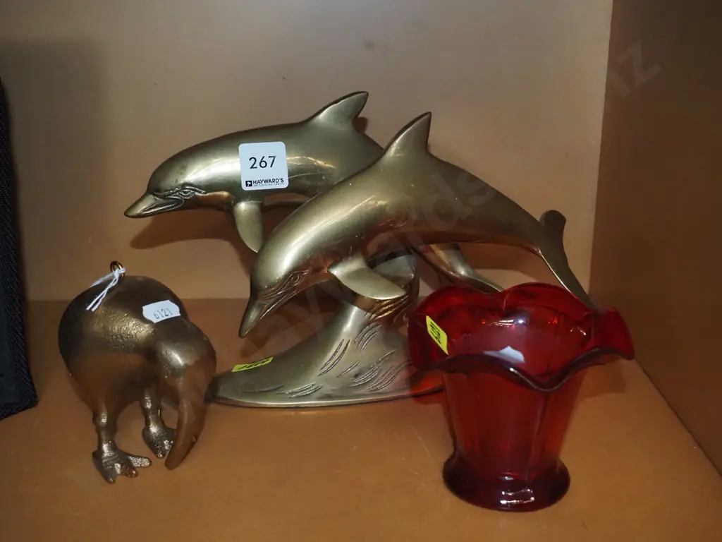 brass dolphin figurines, kiwi figurine, small ruby glass vase Image 1++