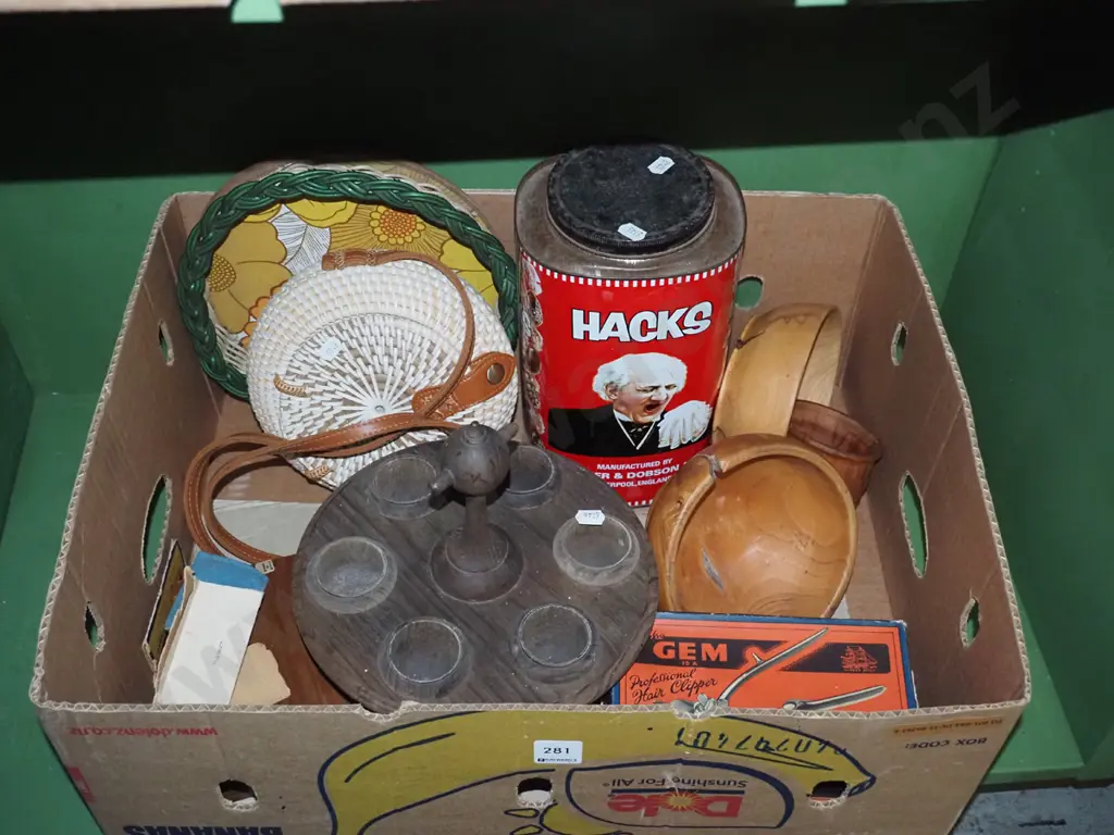 box; wooden bowls, vintage tin, hand clippers etc Image 1++