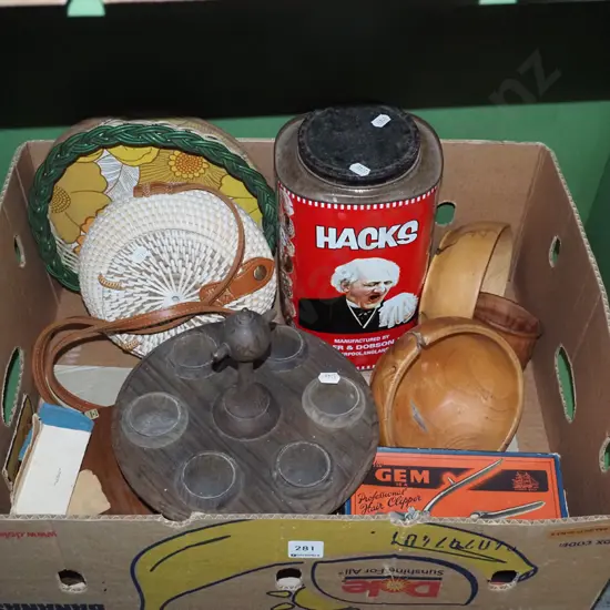 box; wooden bowls, vintage tin, hand clippers etc