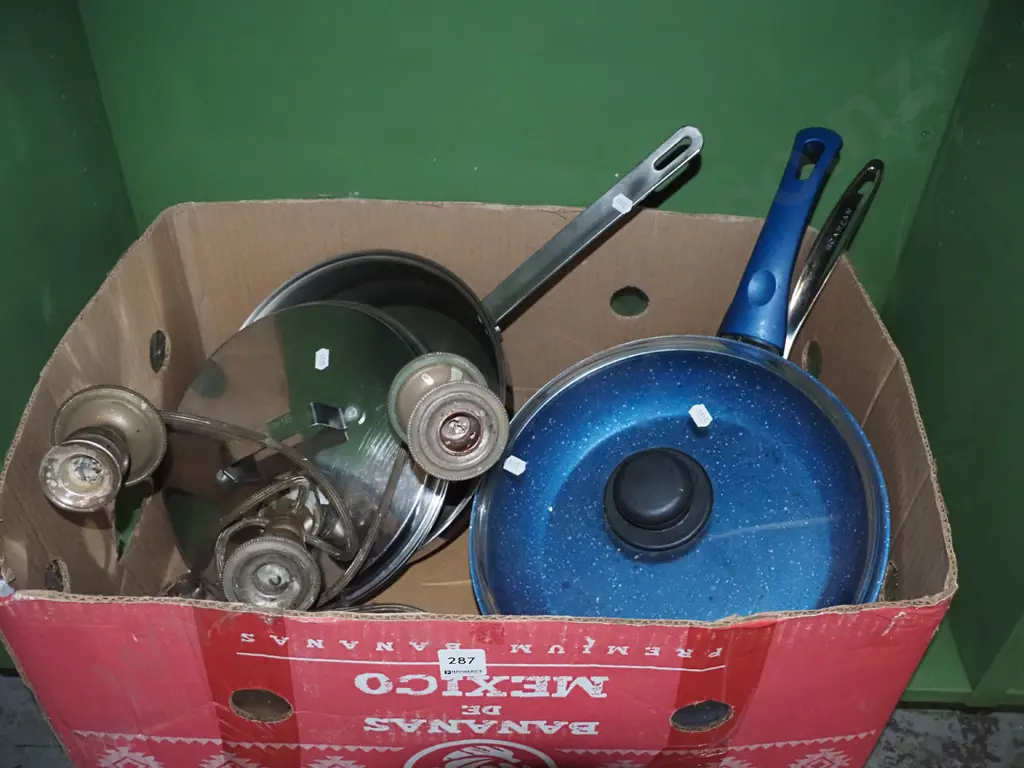 box; frying pan, part brass candelabra Image 1++