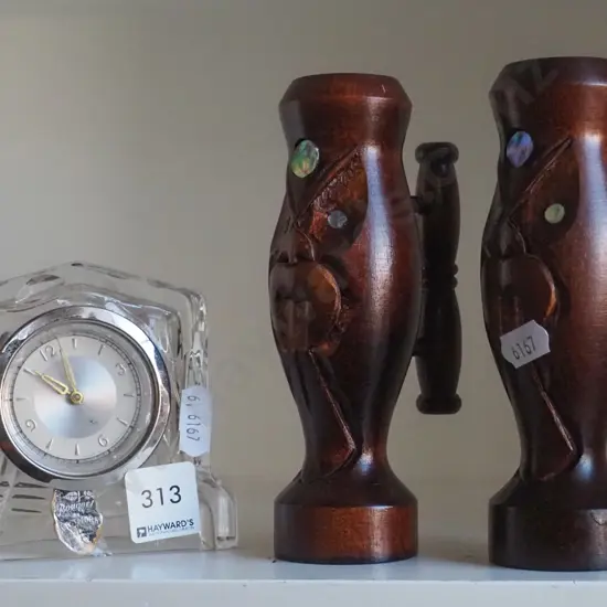 bedside clock, 2x carved salt and peppers