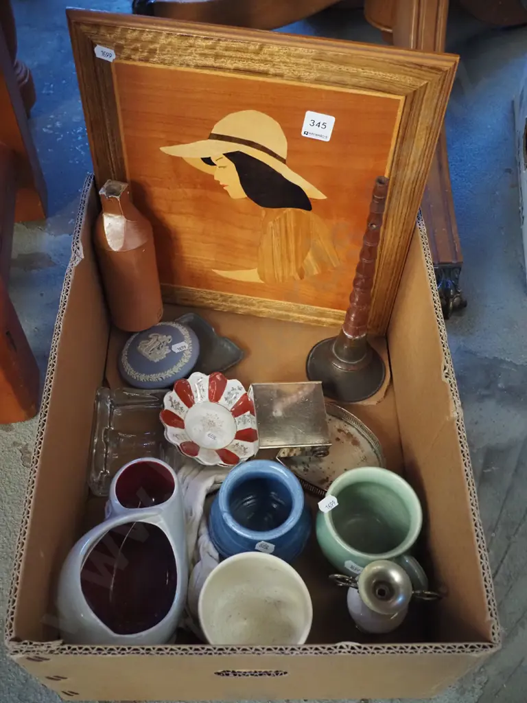 box; marquetry picture, studio  pottery items etc Image 1++