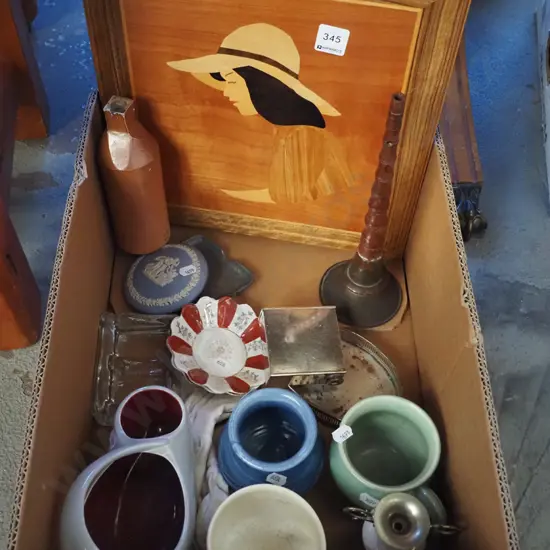 box; marquetry picture, studio  pottery items etc