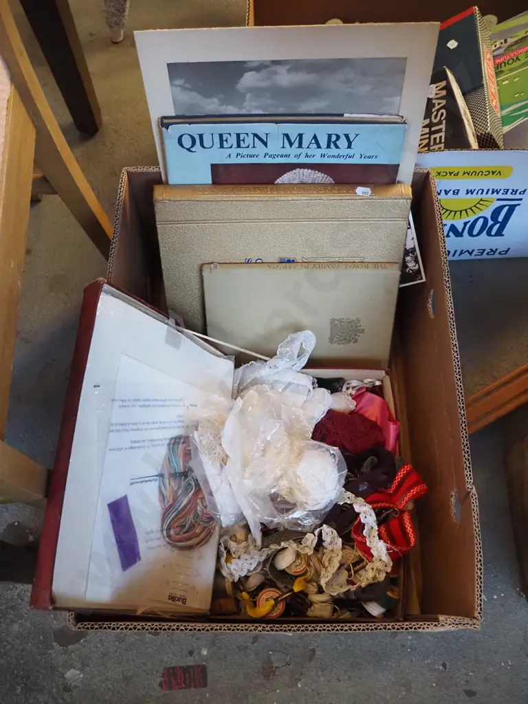 box; sewing threads, lace, royal books, unframed print  Image 1++