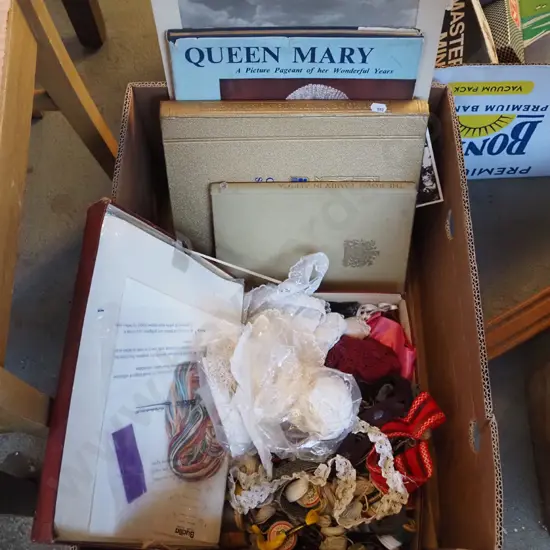 box; sewing threads, lace, royal books, unframed print 