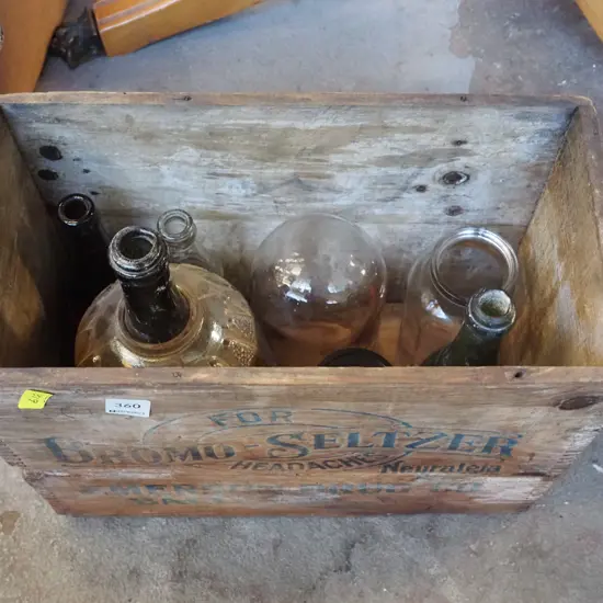 Bromo Selfzer filled with vintage jars and bottles