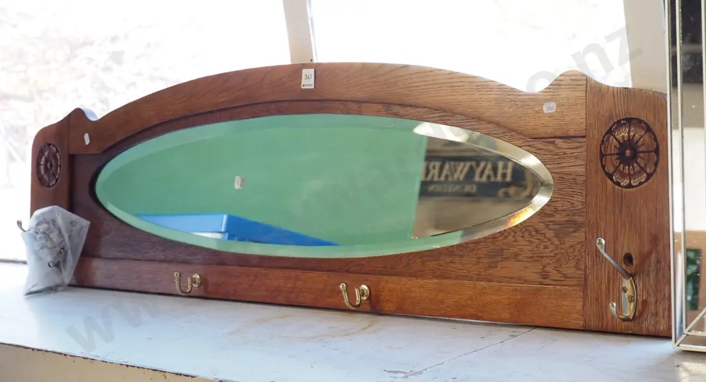 carved oak wall mounted coat hooks with oval mirror H-320 W-1220 Image 1++