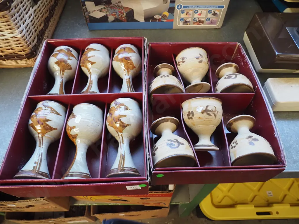 2x boxes of studio pottery goblets - green dots Image 1++