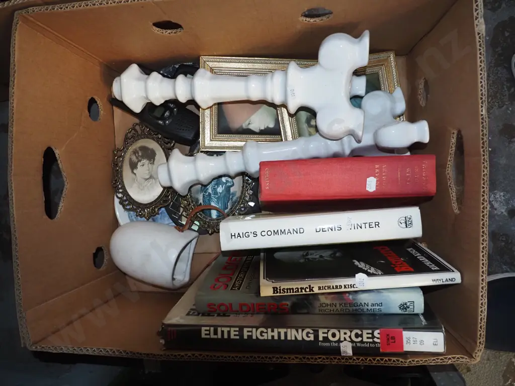 box; candlesticks, prints, books etc Image 1++