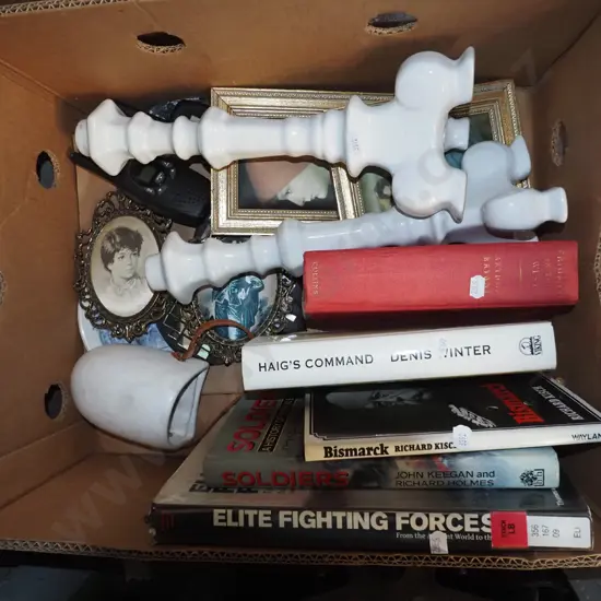 box; candlesticks, prints, books etc