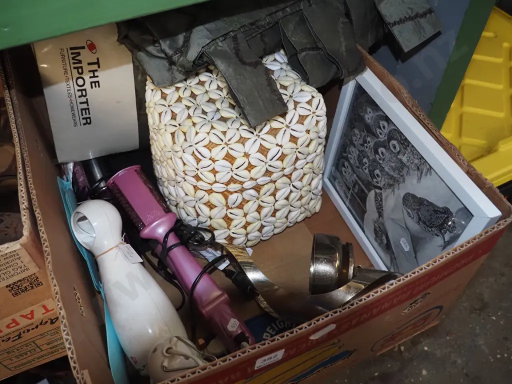 box; shell decorated lidded basket, framed print, hair straightners etc Image 1++