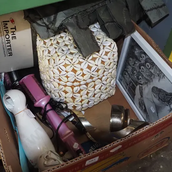 box; shell decorated lidded basket, framed print, hair straightners etc