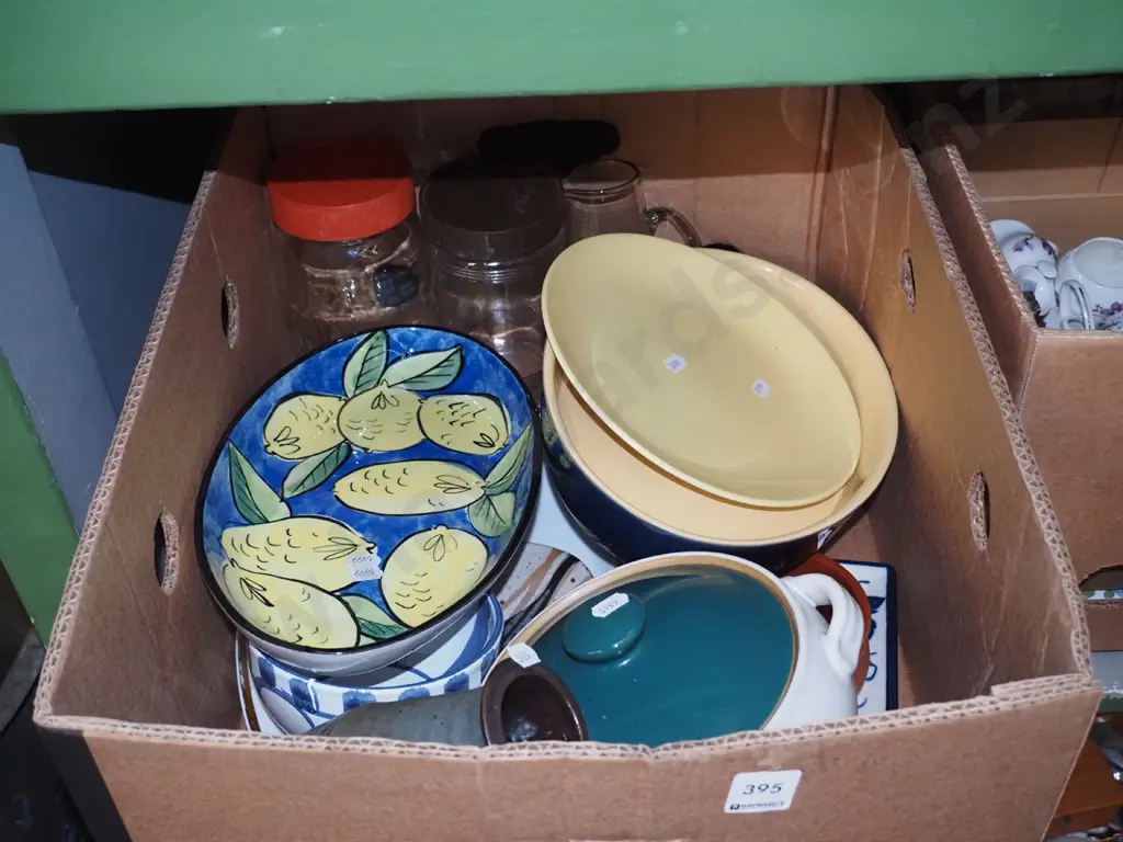 box; Denby casserole, baking dish, Crown Lynn plate, pottery vase etc Image 1++