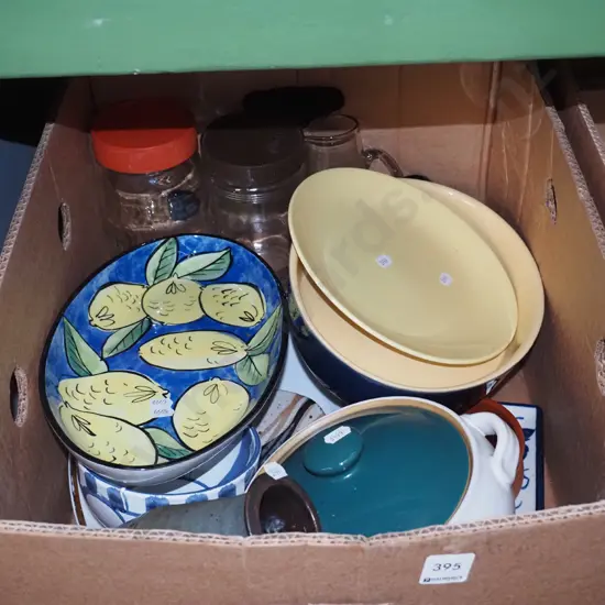 box; Denby casserole, baking dish, Crown Lynn plate, pottery vase etc