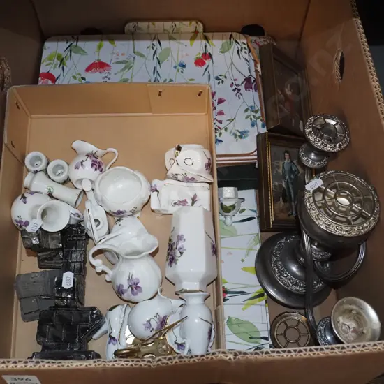box; placemats, candelabra/vase, various miniatures