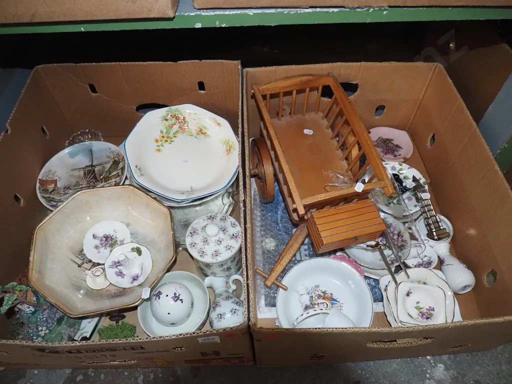 2 boxes; wooden carriage, bowls,  ring dishes, glass ware - red dots Image 1++