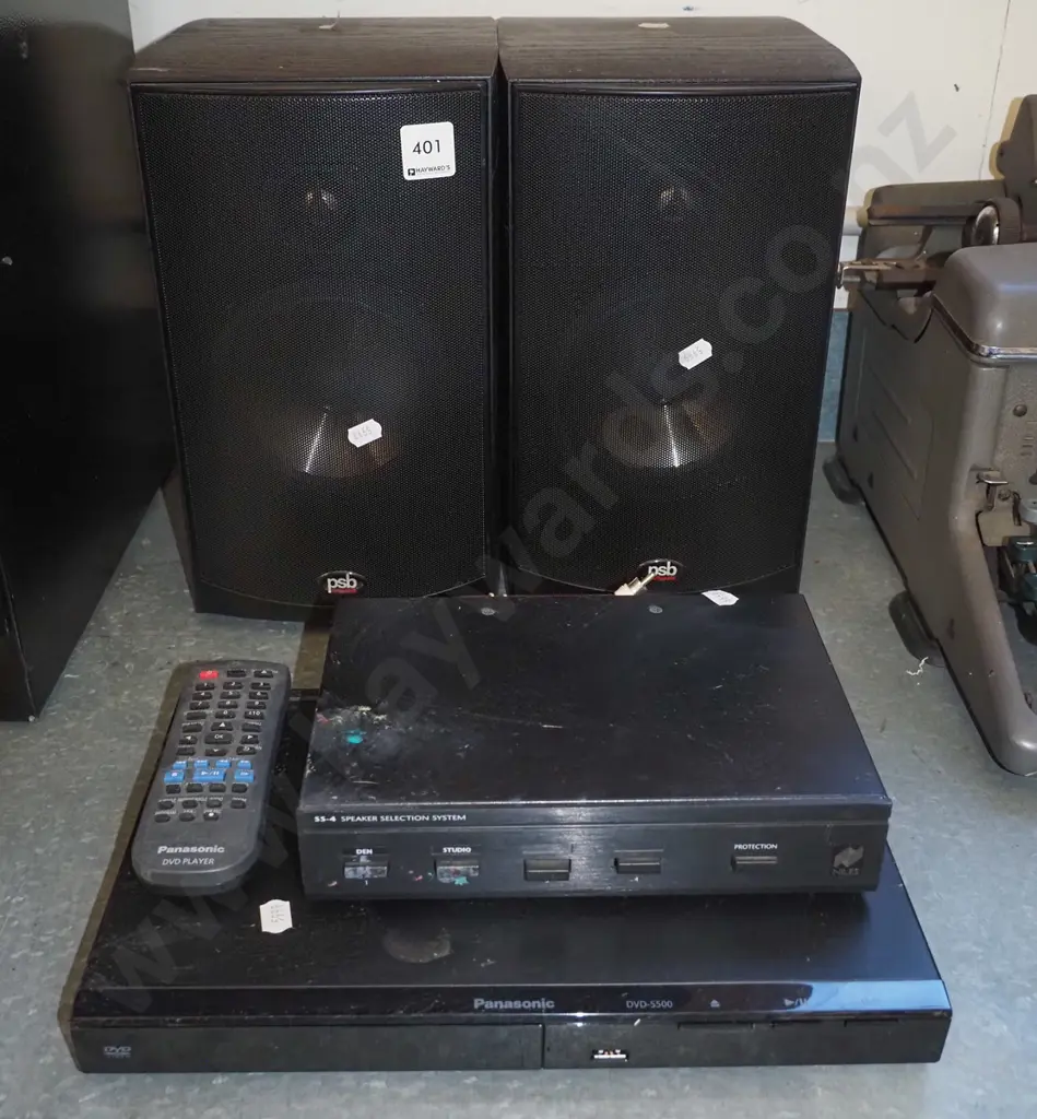 2x PSB book shelf speakers, Panasonic DVD player, speaker selection system Image 1++
