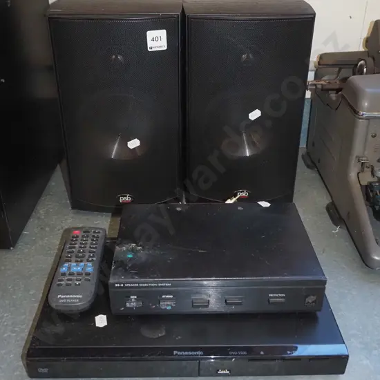 2x PSB book shelf speakers, Panasonic DVD player, speaker selection system
