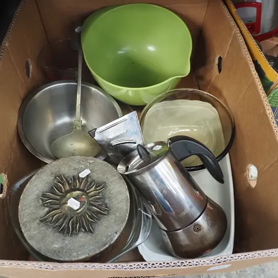 box; stove top espresso  coffee maker, bowls, ladle etc