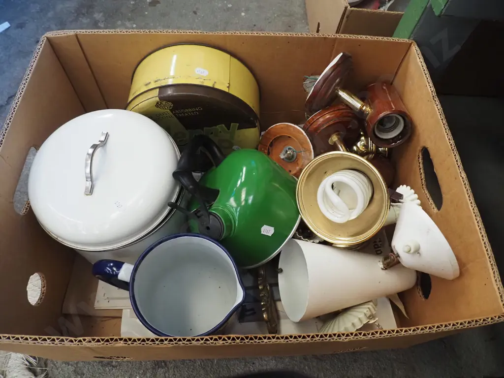 box; light fittings, enamel jug, tins etc Image 1++