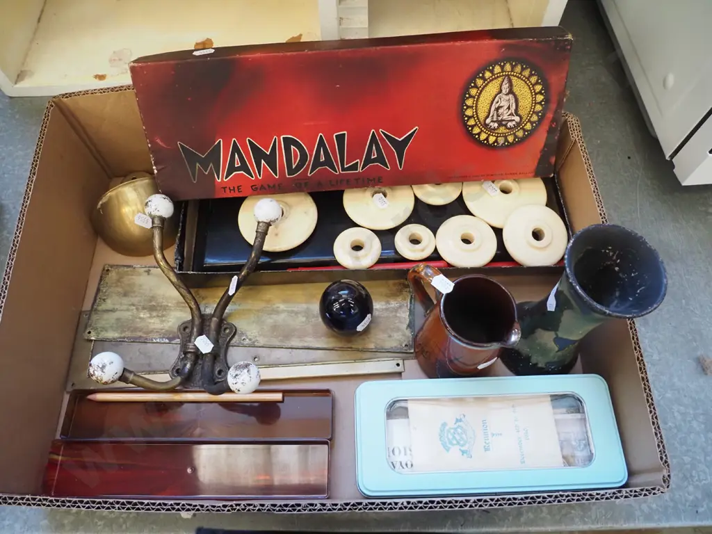 box; mandalay game, coat hooks, brass door finger plates etc Image 1++