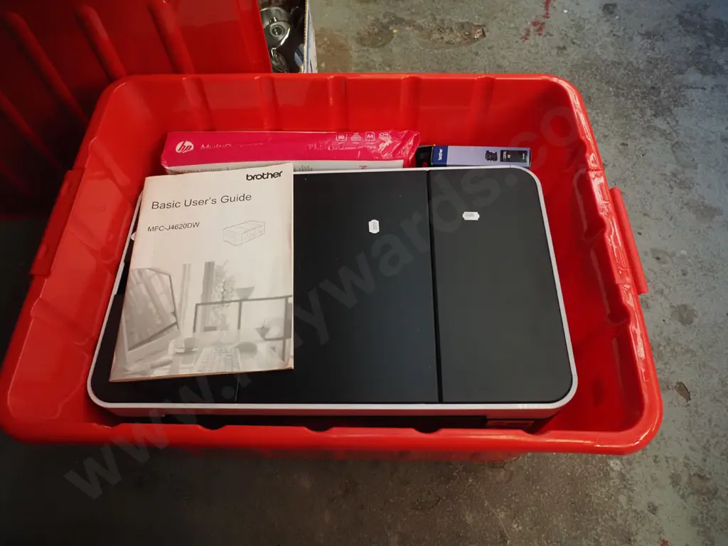 red plastic tub ; Brother printer, cartridges Image 1++