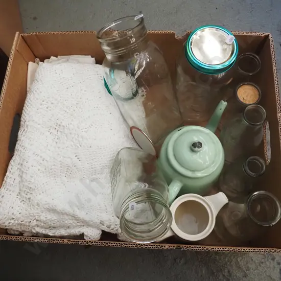 box; tablecloths, jars, tea pot etc