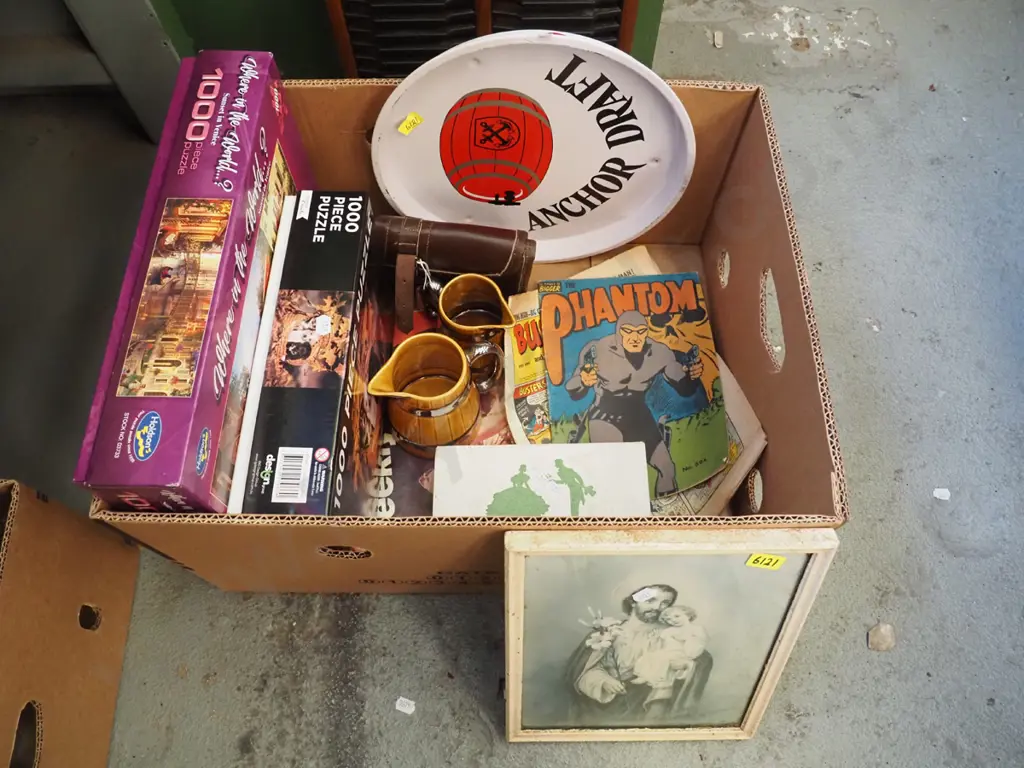 box; puzzles, prints, tray etc Image 1++