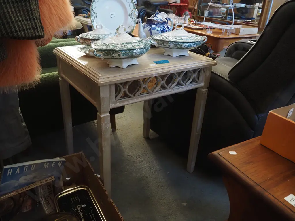 distressed painted hall table with fretwork sides, inset mirror H-660 W-600 D-500 Image 1++