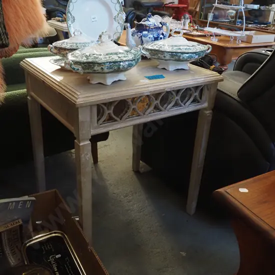 distressed painted hall table with fretwork sides, inset mirror H-660 W-600 D-500