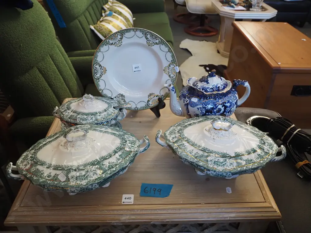Wedgwood sauce boat, veges, bowl, blue floral tea pot - some chips and repairs Image 1++
