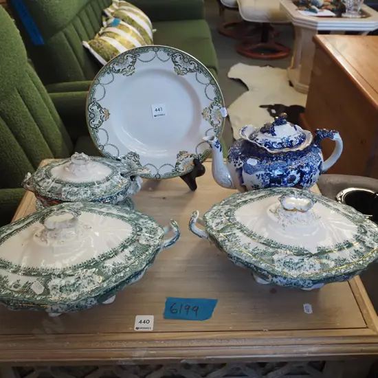 Wedgwood sauce boat, veges, bowl, blue floral tea pot - some chips and repairs