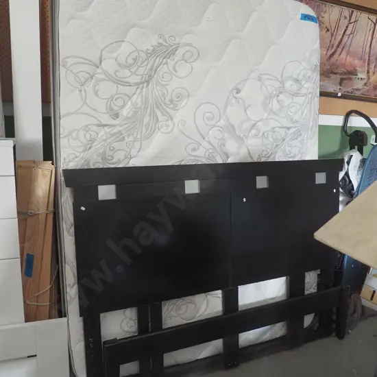queen slat bed base, mattress and headboard