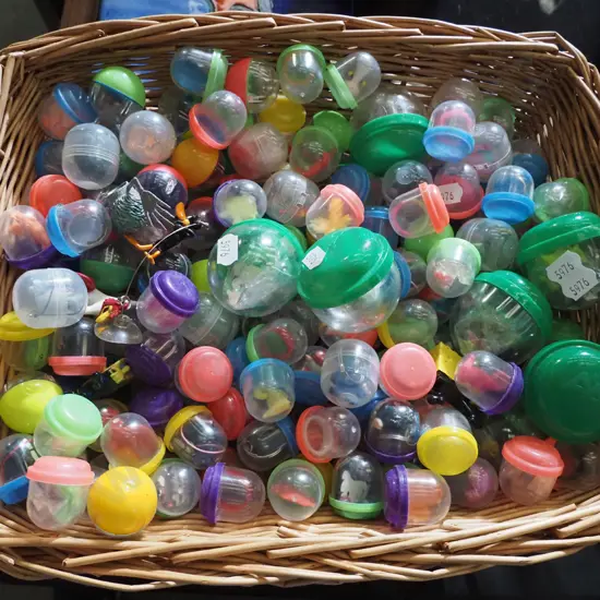 cane basket, various plastic toys in plastic domes