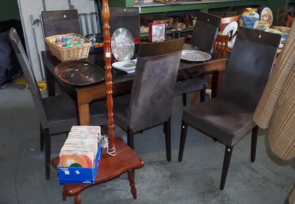 solid wood and glass top dining table with 6 suede high back chairs H-760 W-1310 D-900 Image 1++