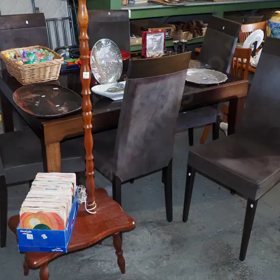 solid wood and glass top dining table with 6 suede high back chairs H-760 W-1310 D-900