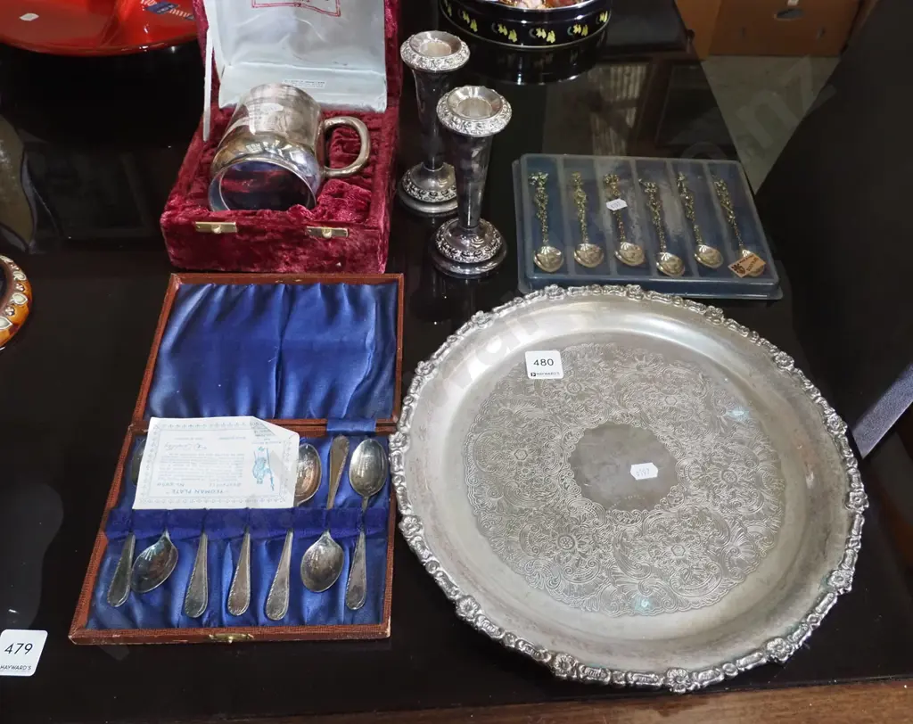 cased teaspoons, presentation plated tankard, candlesticks, tray Image 1++