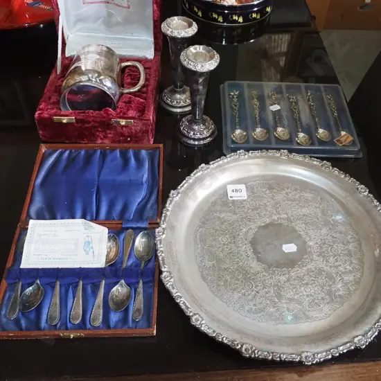 cased teaspoons, presentation plated tankard, candlesticks, tray