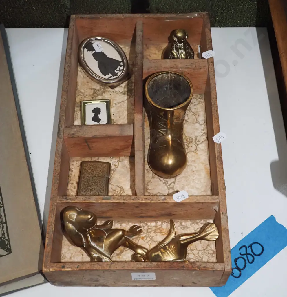 wooden segmented tray, brass ornaments, miniature picture frames Image 1++