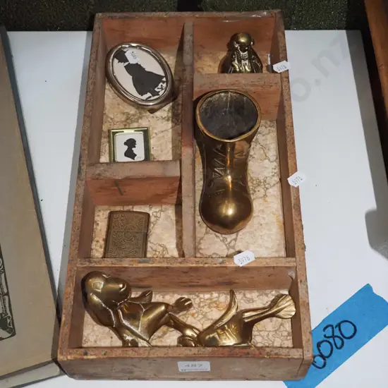 wooden segmented tray, brass ornaments, miniature picture frames