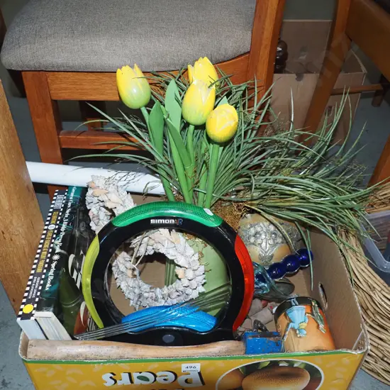 box; wooden shoe lifts, books, Simon game, brass bowl etc